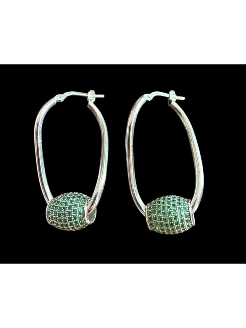 925 Italy Sterling Silver Emerald Green Pavé Gemstone Oval Hoop Earrings